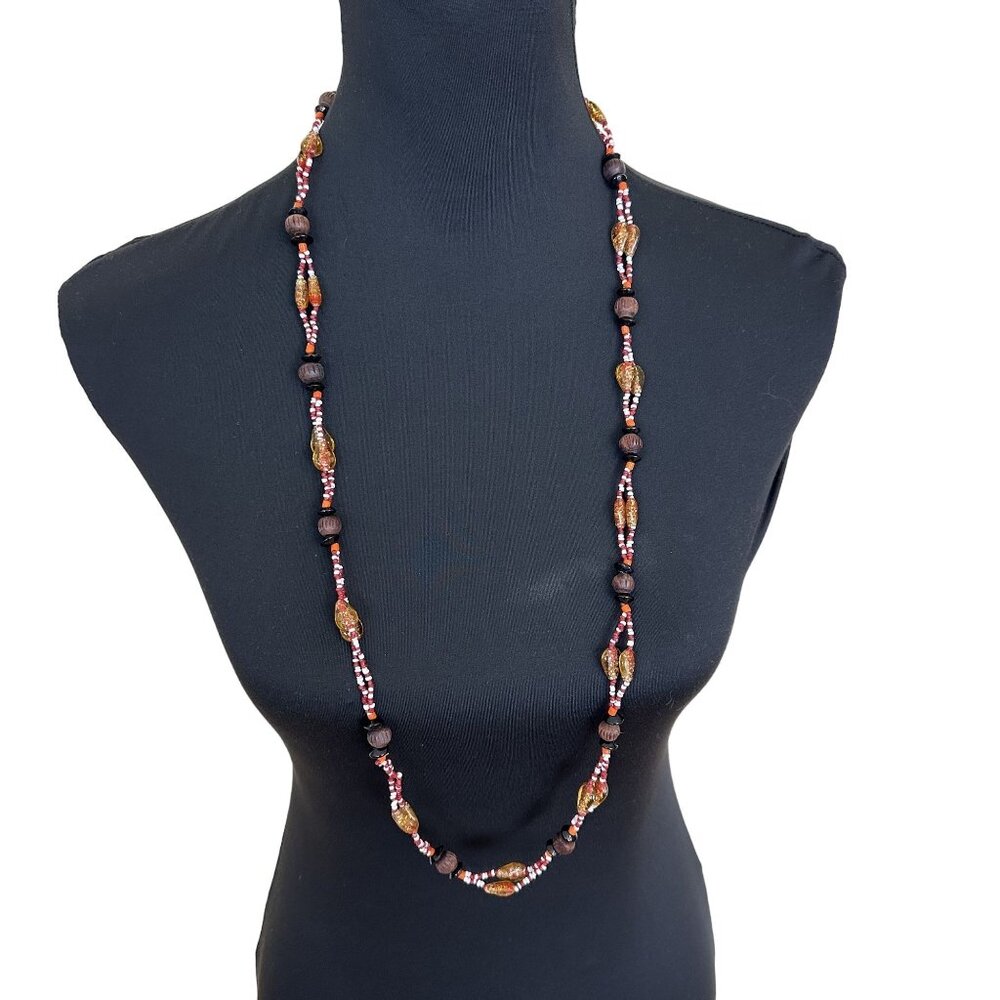 Handmade Multicolor Beaded Necklace Wood & Glass Beads 36 inch